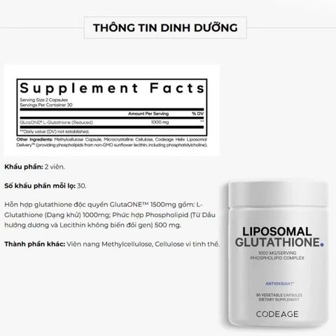 (Mỹ) Codeage Liposomal Glutathione Viên Uống Hỗ Trợ Trắng Da Thải Độc Gan Nhập Khẩu Chính Hãng
