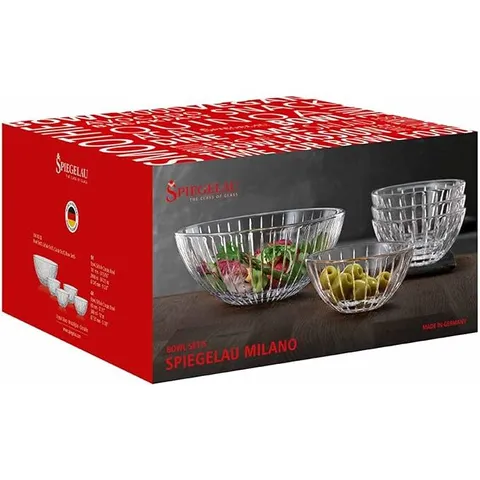 Bộ 5 bát thủy tinh Spiegelau Milano gồm 1 bát lớn 4 bát nhỏ  4x Schale (d: 13 cm / h: 6 cm / 340 ml)  1x Schale (d: 24,5