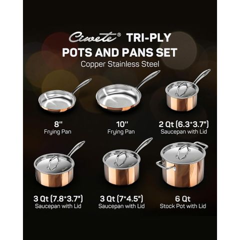 Bộ nồi inox cao cấp Ciwete 6  món màu đồng SS1503-10PC