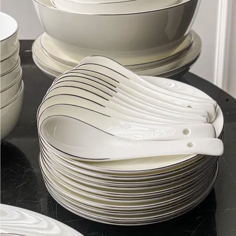 Set bát sứ Imperial 50 món trắng trơn viền mép chỉ bạc