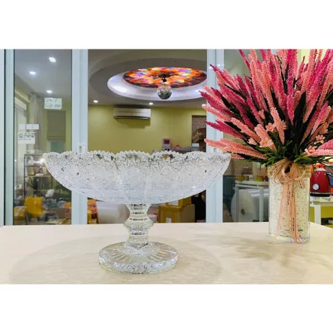 Chân bồng pha lê mài đựng bánh gato, bánh, trái, đồ ăn tráng miệng Bohemia (đk 35cm, cao 21 cm)