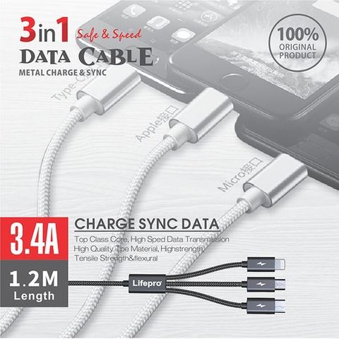 Dây sạc điện thoại trên ô tô 3 in 1 Lifepro L906