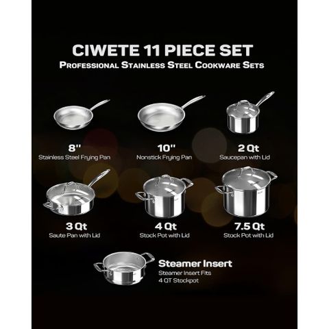 Bộ nồi inox Ciwete SS0103-11PC NEW-SS set 7 món ( 2 chảo inox, 1 quánh, 1 nồi chảo, 2 nồi, 1 xửng hấp)