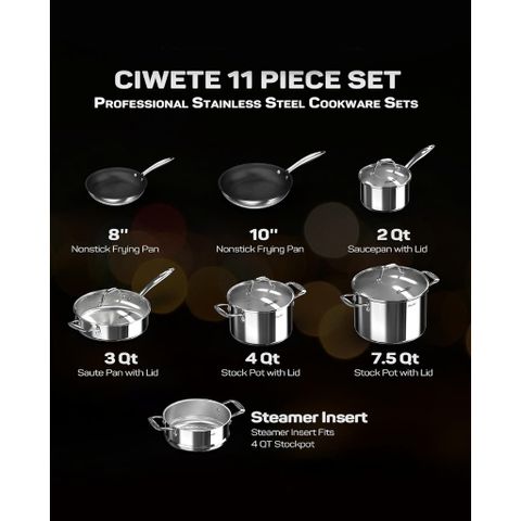 Bộ nồi inox Ciwete SS0103-11PC NEW-NS set 7 món Nhập Mỹ