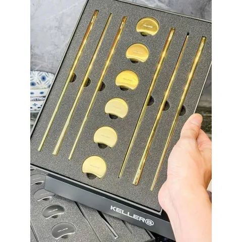 Set 6 đôi đũa inox 304 kèm 6 gác đũa hình vầng trăng Keller@Germany (màu vàng & bạc) 735318