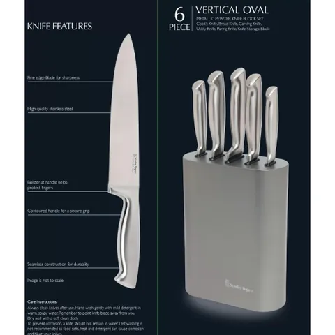 BỘ DAO 6 MÓN Stanley Rogers VERTICAL OVAL METALLIC PEWTER Made in Italia