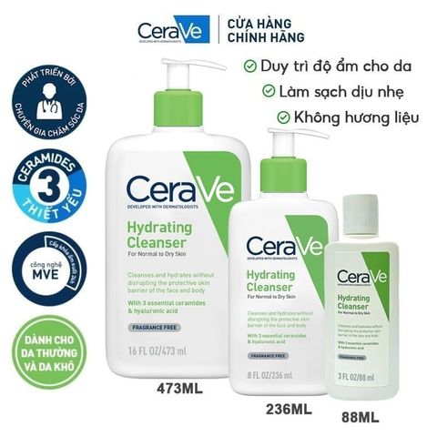Sữa Rửa Mặt Cấp Ẩm Cerave 236ml - Dành Cho Da Thường Đến Da Khô, Gel Làm Sạch Dịu Nhẹ, Dưỡng Ẩm Tối Ưu