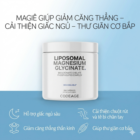 (Mỹ) Codeage Liposomal Magnesium Glycinate Hỗ Trợ Bổ Sung Magie Giảm Chuột Rút Ngủ Ngon
