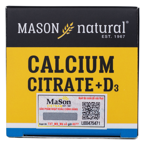 (Mỹ) Canxi Citrat D3 Mason Hỗ Trợ Bổ Sung Canxi Hữu Cơ Hấp Thu Tốt Phòng Ngừa Loãng Xương