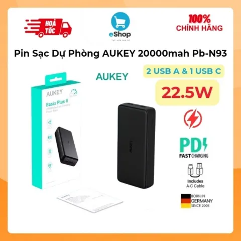 Pin Sạc Dự Phòng Aukey 20.000mAh PB-N93 Sạc Nhanh 22.5W QC 3.0/ PD