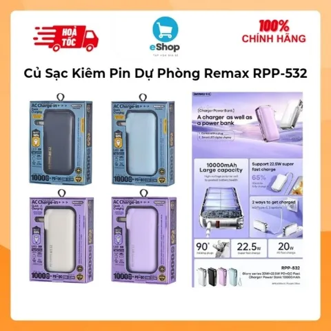 Củ Sạc Kiêm Pin Dự Phòng Remax RPP-532 Dung Lượng 10.000mAh Sạc Nhanh 22.5W PD