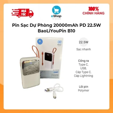 Pin Sạc Dự Phòng 20.000mAh Sạc Nhanh PD 22.5W BaoLiYouPin B10/ Max2 MKC20 Liền Dây Type C + Lightning