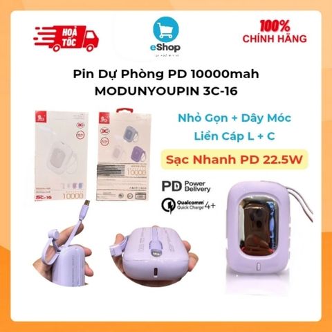 Pin Sạc Dự Phòng 10.000mAh PD 22.5W MODUNYOUPIN 3C-16 Liền Cáp Lightning Và Type C, Sạc Được iP 16
