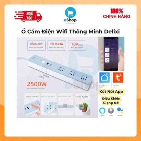 Ổ Điện Thông Minh Wi-Fi DELIXI, Cổng C PD 20W + USB QC 18W + 3 ổ 220V Công Suất 2500W Kết Nối App