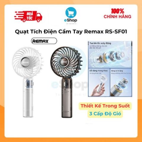 Quạt Tích Điện Cầm Tay Trong Suốt Remax RS-SF01 Thiết Kế Trong Suốt, 3 Mức Độ Gió Hoạt Động Êm Ái