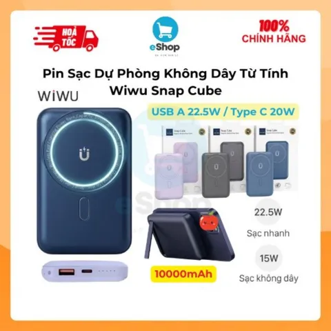 Pin Sạc Dự Phòng Không Dây Tích Hợp Nam Châm Wiwu Snap Cube 10000mAh 22.5W, Sạc Không Dây 15W