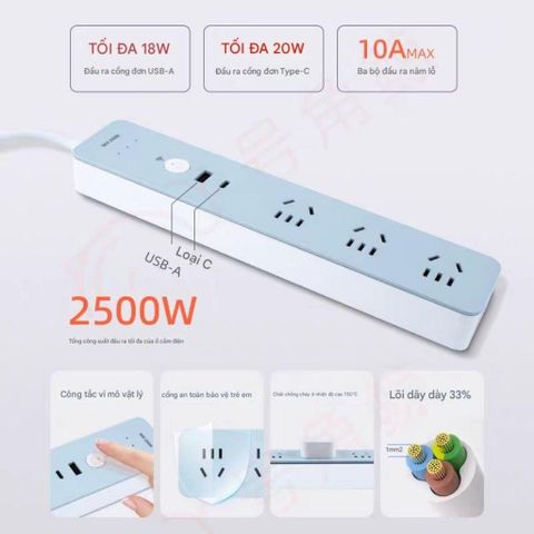 Ổ Điện Thông Minh Wi-Fi DELIXI, Cổng C PD 20W + USB QC 18W + 3 ổ 220V Công Suất 2500W Kết Nối App