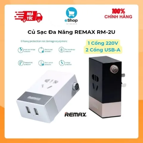 Củ Sạc Đa Năng REMAX RM-2U, Có 1 Cổng 220v + 2 cổng USB-A