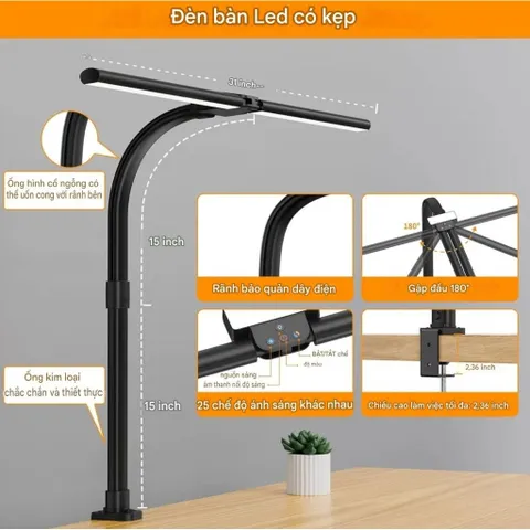 Đèn LED Bàn 2 Đầu TD01 Chân Đế/ Kẹp Thành Bàn 5 Mức Sáng, 5 Chế Độ Màu, Hẹn Giờ, Có Remote, Cổ Ngỗng