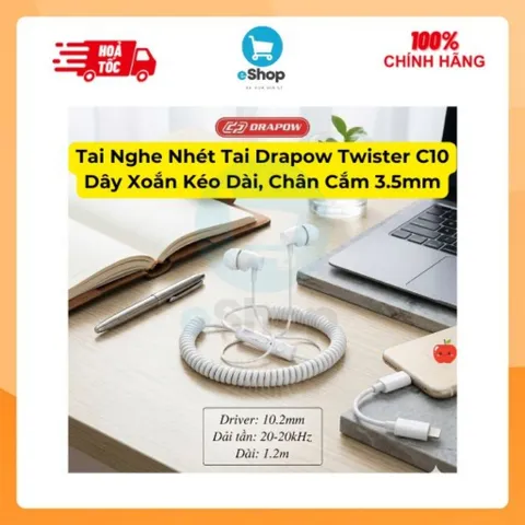 Tai Nghe Dây Xoắn Kéo Dài Drapow Twister C10 - Có Mic, Âm Thanh HD, Extra Bass, Chân Cắm Aux 3.5mm