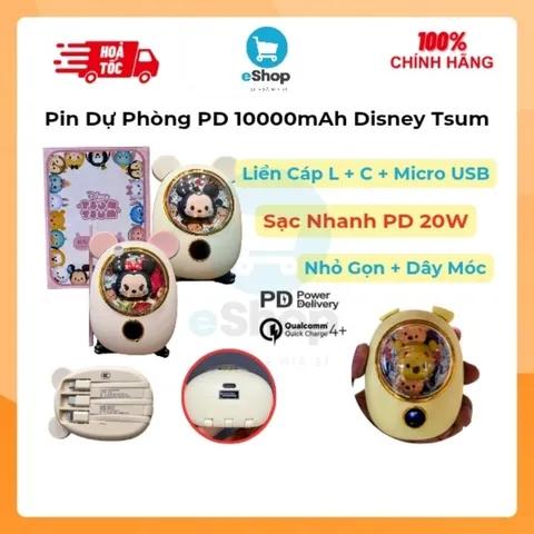 Pin Sạc Dự Phòng 10000mAh Sạc Nhanh PD 20W Disney Tsum Liền Cáp, Chuẩn PPS/PD/QC, Sạc Được iP 16