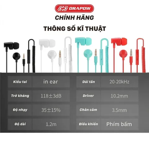 Tai Nghe Dây Xoắn Kéo Dài Drapow Twister C10 - Có Mic, Âm Thanh HD, Extra Bass, Chân Cắm Aux 3.5mm