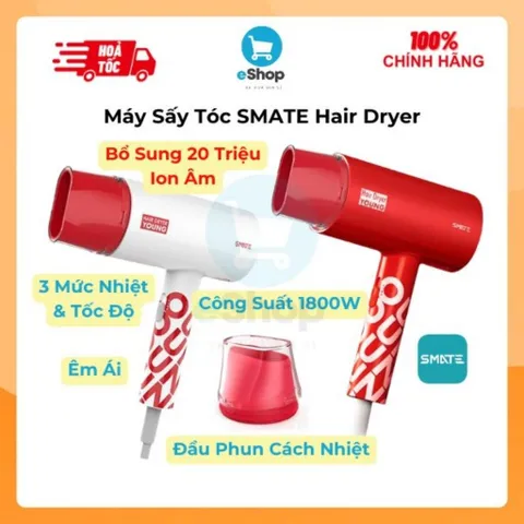 Máy Sấy Tóc SMATE Hair Dryer Young SH-1802 1800W, Bổ Sung 20 Triệu Ion Âm, 3 Chế Độ Sấy Nóng/Lạnh