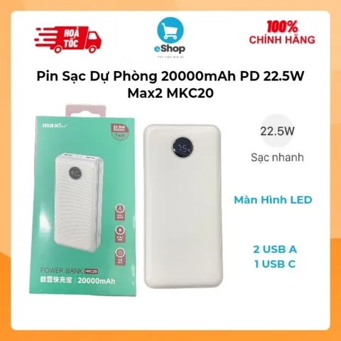 Pin Sạc Dự Phòng 20.000mAh Sạc Nhanh 22.5W Max2 MKC20, Màn Hình LED Hiển Thị