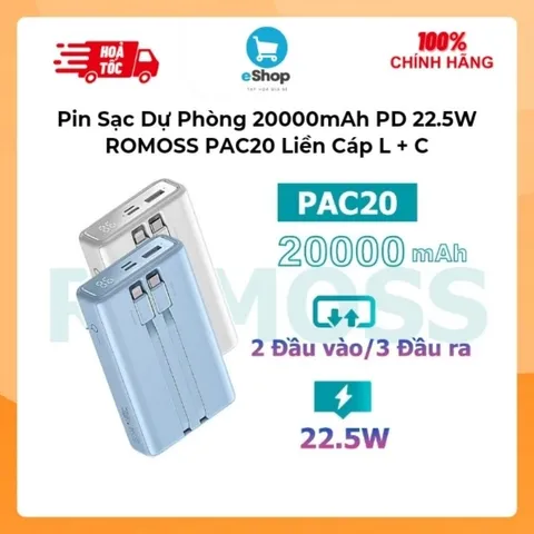 Pin Sạc Dự Phòng 20.000mAh Sạc Nhanh 22.5W ROMOSS PAC20 Màn Hình LED, Liền Cáp L & C