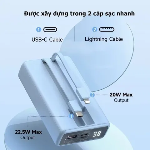 Pin Sạc Dự Phòng 20.000mAh Sạc Nhanh 22.5W ROMOSS PAC20 Màn Hình LED, Liền Cáp L & C