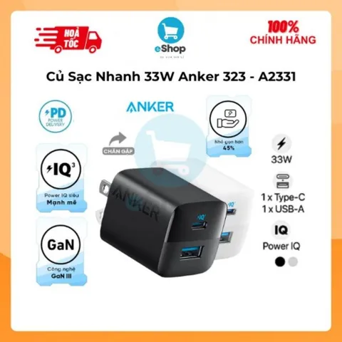 Củ Sạc Nhanh PD 33W ANKER 323 -  A2331 PowerIQ 3.0, 1 Cổng Type C + 1 Cổng USB