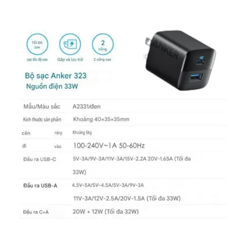 Củ Sạc Nhanh PD 33W ANKER 323 -  A2331 PowerIQ 3.0, 1 Cổng Type C + 1 Cổng USB