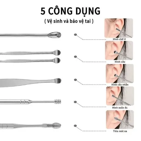 Combo 2 Bộ Dụng Cụ Lấy Ráy Tai 6 Món Bằng Thép Không Gỉ Kèm Bao Da Có Móc Khoá Tiện Lợi