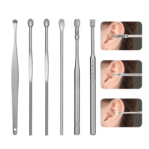 Combo 2 Bộ Dụng Cụ Lấy Ráy Tai 6 Món Bằng Thép Không Gỉ Kèm Bao Da Có Móc Khoá Tiện Lợi