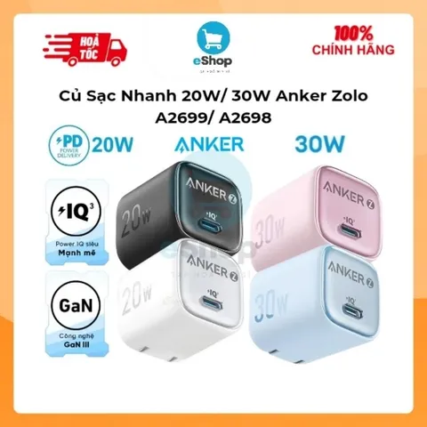 Củ Sạc Nhanh Anker Zolo A2699 20W/ A2698 30W Công Nghệ PIQ 3.0 Type C Chuẩn PD