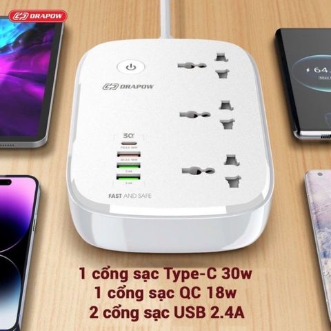 Ổ Cắm Điện Wifi Thông Minh Kết Nối App Drapow SK25 3 Ổ Cắm Điện 2500W + 1 Cổng PD 30W + 3 USB A