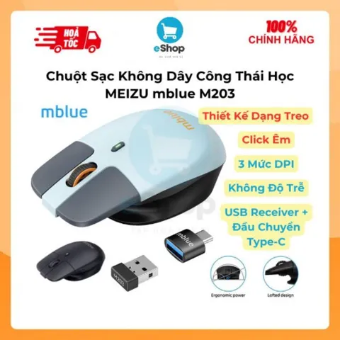 Chuột Sạc Không Dây Êm Công Thái Học MEIZU mblue M203, Thiết Kế Dạng Treo, USB/Type C Receiver