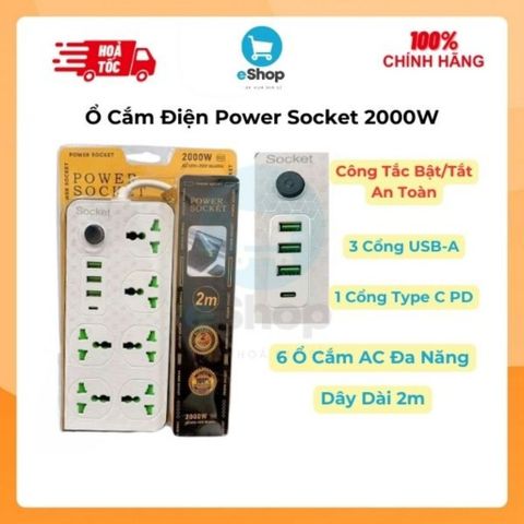 Ổ Cắm Điện Đa Năng Power Socket 2000w - 6 Cổng AC + 3 Cổng USB + 1 Cổng C PD (Tặng Chuyển 2 Chân) 737359