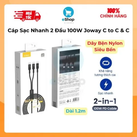 Cáp Sạc Siêu Nhanh 2 Đầu 100W Type-C JOWAY CC100, C to C + C Chuẩn PD Dài 1,2m Dây Dù Bện Nylon