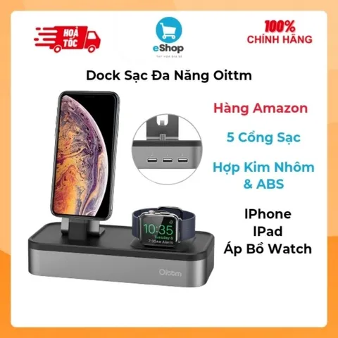 Dock Sạc Đa Năng Oittm Cho lP, lPad và Áp Bồ Watch - 5 Cổng USB, Hợp Kim Nhôm Và ABS ( Hàng À Má Zôn)