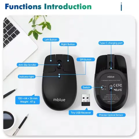 Chuột Sạc Không Dây Êm Công Thái Học MEIZU mblue M203, Thiết Kế Dạng Treo, USB/Type C Receiver