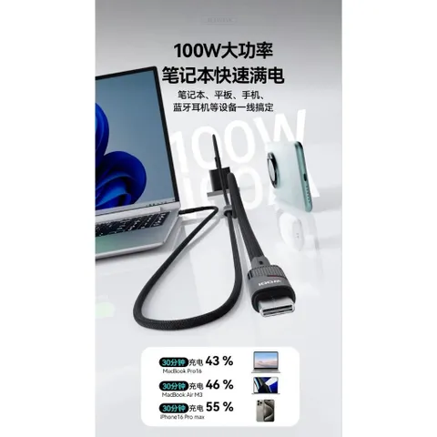 Cáp Sạc Siêu Nhanh 2 Đầu 100W Type-C JOWAY CC100, C to C + C Chuẩn PD Dài 1,2m Dây Dù Bện Nylon