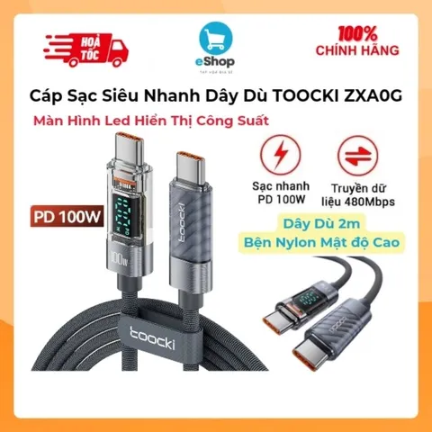Cáp Sạc Siêu Nhanh Dây Dù C TO C 100w Dài 2M TOOCKI ZXA0G - Có Màn Hình Led Đo Công Suất
