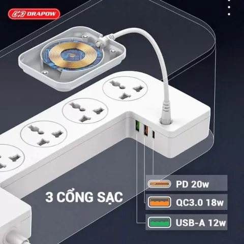 Hộp Ổ Điện Thông Minh Drapow SK26/SK27, 5 Ổ Cắm 220v, 2 Cổng USB A 18W + Cổng Sạc Type C 20W, SK26 Sạc Không Dây 15w