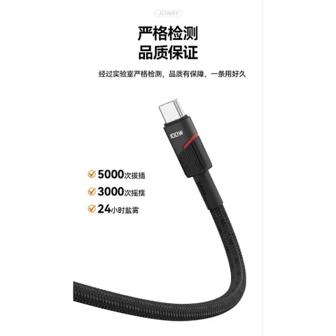 Cáp Sạc Siêu Nhanh 2 Đầu 100W Type-C JOWAY CC100, C to C + C Chuẩn PD Dài 1,2m Dây Dù Bện Nylon