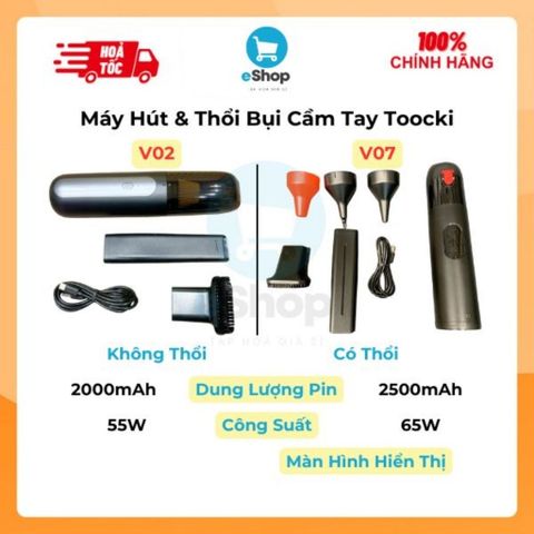 Máy Hút Thổi Bụi Cầm Tay Toocki V02/V07 - Làm Sạch Xe Hơi, Nhà Cửa Và Các Khu Vực Hẹp