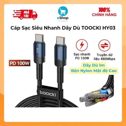 Cáp Sạc Siêu Nhanh Dây Dù C to C Toocki HY03 PD 100W Dài 1m