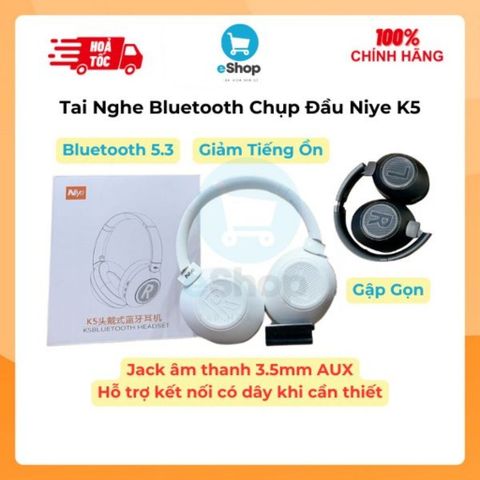 Tai Nghe Bluetooth Chụp Đầu Headphone Niye K5 Kèm Jack AUX 3.5mm - Gập Gọn, Giảm Ồn