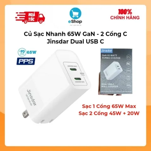 Củ Sạc Nhanh 65W GaN - Jinsdar Dual USB C Công Nghệ PD 3.0/ PPS 2.0 (Hàng À Má Zôn)