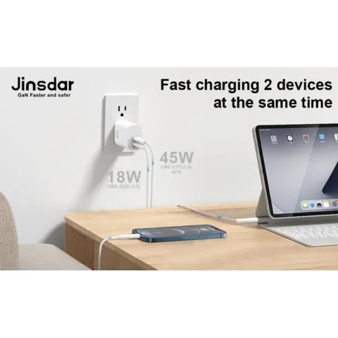 Củ Sạc Nhanh 65W GaN - Jinsdar Dual USB C Công Nghệ PD 3.0/ PPS 2.0 (Hàng À Má Zôn)